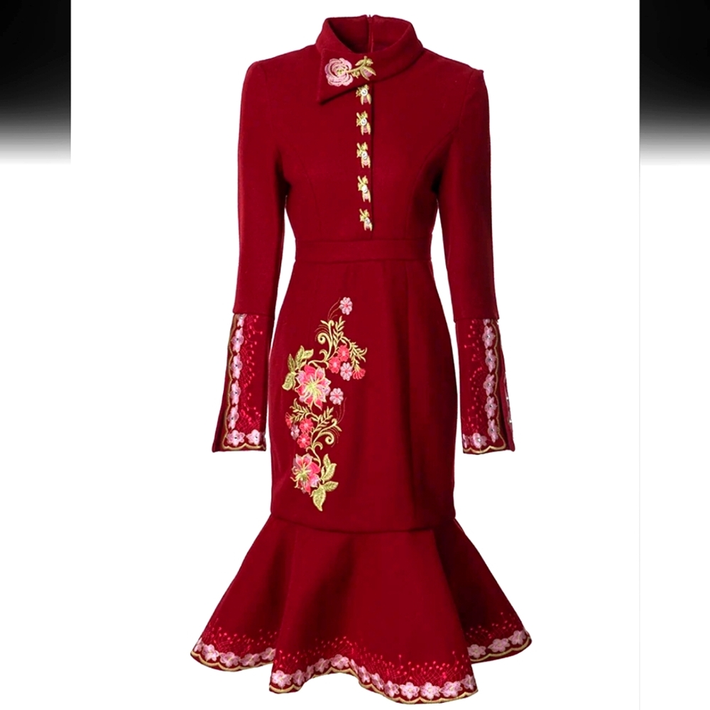 Margarine Bloom Coryn Floral Embroidered Claret Colored Dress Sz XL (US Sz 8)